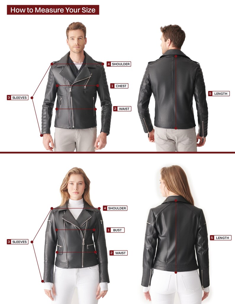 May include: Diagram illustrating how to measure for a black leather jacket. The text "How to Measure Your Size" is at the top. Measurements for chest, waist, sleeves, shoulder, and length are shown. Male and female models are wearing the jacket.