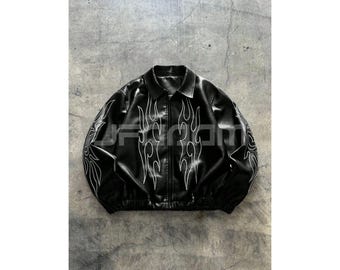 Men's Black Jacket Winter Fashionable Street Flame Embroidery Zip-Up CowHide Leather Long Sleeve Coat