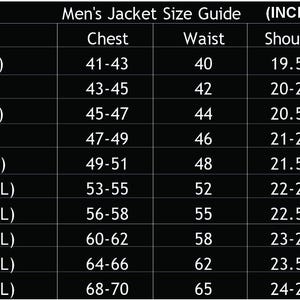 May include: A jacket size guide with measurements in inches. The chart displays sizes from X-Small to 6X-Large, detailing chest, waist, shoulder, and sleeve dimensions. The text "JFAAAM" is at the top.