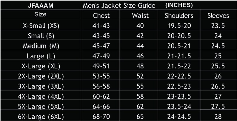 May include: A jacket size guide with measurements in inches. The chart displays sizes from X-Small to 6X-Large, detailing chest, waist, shoulder, and sleeve dimensions. The text "JFAAAM" is at the top.