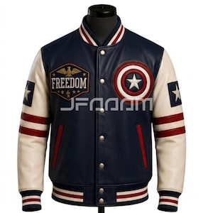 Captain America Leather Varsity Jacket | Patriotic American Flag Bomber | Freedom Cosplay Coat
