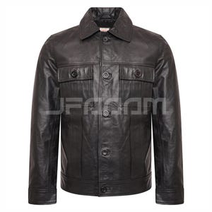 May include: Black leather jacket with a button-up front, two chest pockets, and two side pockets. The jacket has a collared neckline and long sleeves. A classic outerwear piece.