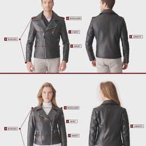 May include: A black leather jacket shown from front and back views with measurement guides. The jacket features a notched collar, silver-tone zippers, and quilted shoulder detailing. Labels indicate measurement points for shoulder, chest, bust, waist, sleeves, and length.