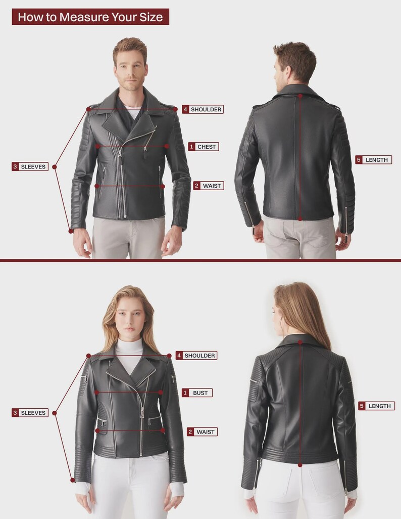 May include: A black leather jacket shown from front and back views with measurement guides. The jacket features a notched collar, silver-tone zippers, and quilted shoulder detailing. Labels indicate measurement points for shoulder, chest, bust, waist, sleeves, and length.