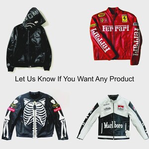 May include: Four jackets displayed with the text Let Us Know If You Want Any Product. Top left: black hooded jacket with shark graphic. Top right: red Ferrari racing jacket. Bottom left: black jacket with white skeleton print. Bottom right: white and black Marlboro racing jacket.