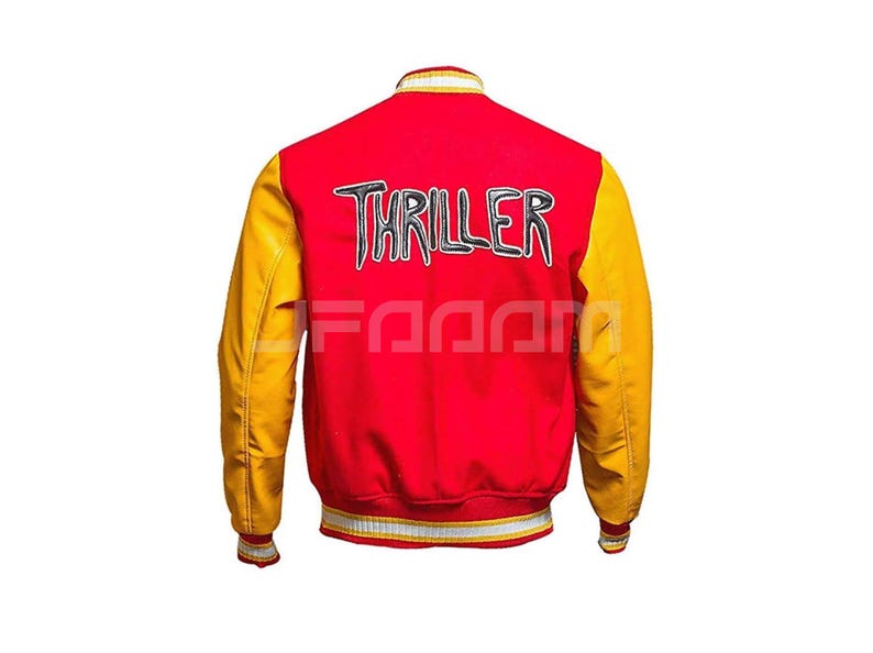 Michael Jackson Thriller Varsity Jacket – Iconic 1980s pop music video costume. Red wool bomber jacket with yellow premium leather sleeves, featuring "Thriller" embroidered text on the back, striped ribbed trim, and a retro preppy look.