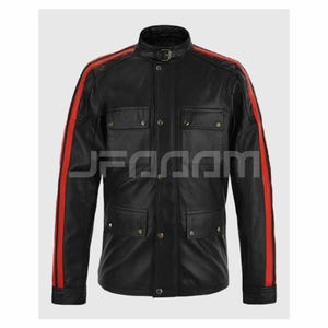 May include: Black leather jacket with red racing stripes down the sleeves. The jacket has a stand-up collar with a buckle closure, four front pockets, and button details. A classic motorcycle-inspired design.