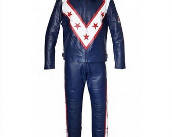 Evel Knievel Genuine Leather Handmade Daredevil Custom Made Blue Suit: Leather Biker Stuntman Suit, Day Of The Dead Motorcycle Patch
