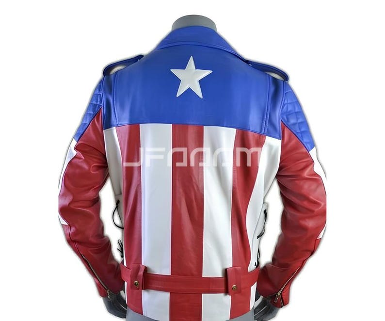 May include: A motorcycle-style jacket featuring a blue upper back with a white star, and a lower back with vertical red and white stripes. The sleeves are red with blue quilted shoulder panels, and the waist includes a red belt with gold buttons.