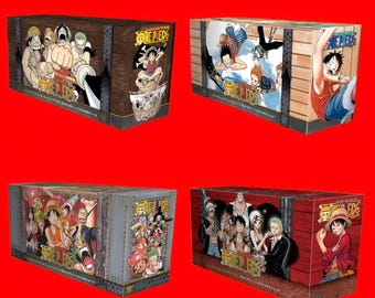 May include: Four boxes featuring colorful illustrations from the anime series "One Piece." Each box has a wooden crate design with character art and the series logo. The boxes are set against a red background.