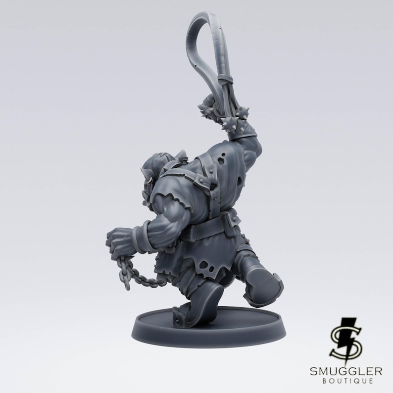 May include: A grey miniature figurine of a fantasy character, wielding a spiked weapon and chain. The figure is posed dynamically on a circular base, with details like torn clothing and spiked armour. The Smuggler Boutique logo is visible.