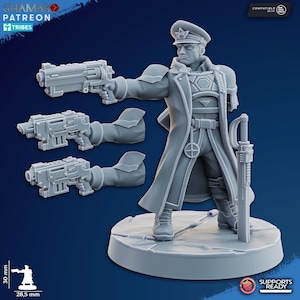 May include: A grey miniature figure of a military officer in a long coat and cap, holding a sword and a pistol. Three additional pistol models are also included. The base measures 2.85 cm wide and the figure is 3 cm tall.