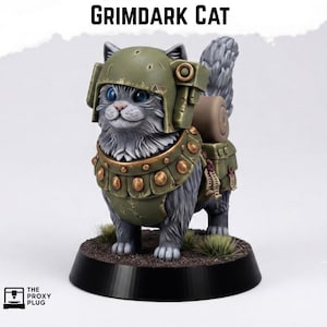 May include: A gray cat figurine wearing a weathered olive green military helmet and chest armor with gold studs. The cat has blue eyes and carries a brown bedroll and gear on its back. The text GRIMDARK CAT appears above the figure.