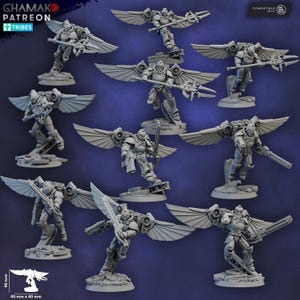 May include: A selection of grey miniature figurines depicting winged warriors in action poses, each holding a different weapon. The figures are on individual bases. The image includes the text "GHAMAK PATREON TRIBES" and dimensions of 40 mm x 40 mm.