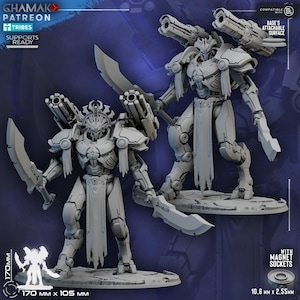 Può includere: Due miniature di guerrieri robot fantascientifici grigie e non dipinte, con copricapi ornati, spallacci e perizomi logori. Ogni figura impugna una grande lama curva e presenta doppi cannoni montati sulle spalle. Testo: 170 mm x 105 mm.
