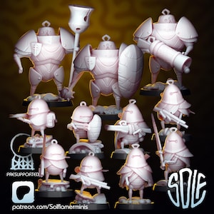 Könnte beinhalten: Eine Sammlung hellrosa Miniaturfiguren von gepanzerten Charakteren, einige mit Waffen und Schilden. Die Figuren stehen auf kleinen Sockeln, und das Bild enthält den Text "PRESUPPORTED" und "patreon.com/Solflamerminis".