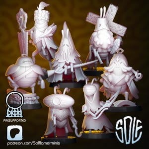 May include: A collection of seven white 3D-printed fantasy figurines, each with unique armor and weapon designs. The figures stand on black bases, with the text "PRESUPPORTED" and a logo visible. The artist's name is also visible.