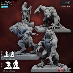 May include: A set of grey miniature fantasy figurines, including a werewolf and a robed figure, on individual bases. The dimensions are 30mm x 30mm and 50mm x 50mm. The image features the text "GHAMAK PATREON TRIBES". The height of the figures is 3.6 cm.