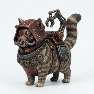 May include: A brown tabby cat figurine wearing a metallic copper-colored hood, a respirator mask, and a gear-adorned collar. A mechanical backpack with a robotic arm and a small screen is strapped to its back, featuring a striped tail.