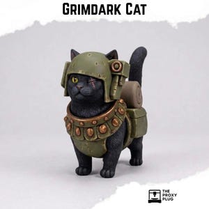 May include: A black cat figurine wearing a weathered olive green helmet and matching armor with copper-colored studs. The cat has a visible scar over one yellow eye and carries a rolled pack on its back. The text GRIMDARK CAT appears above.