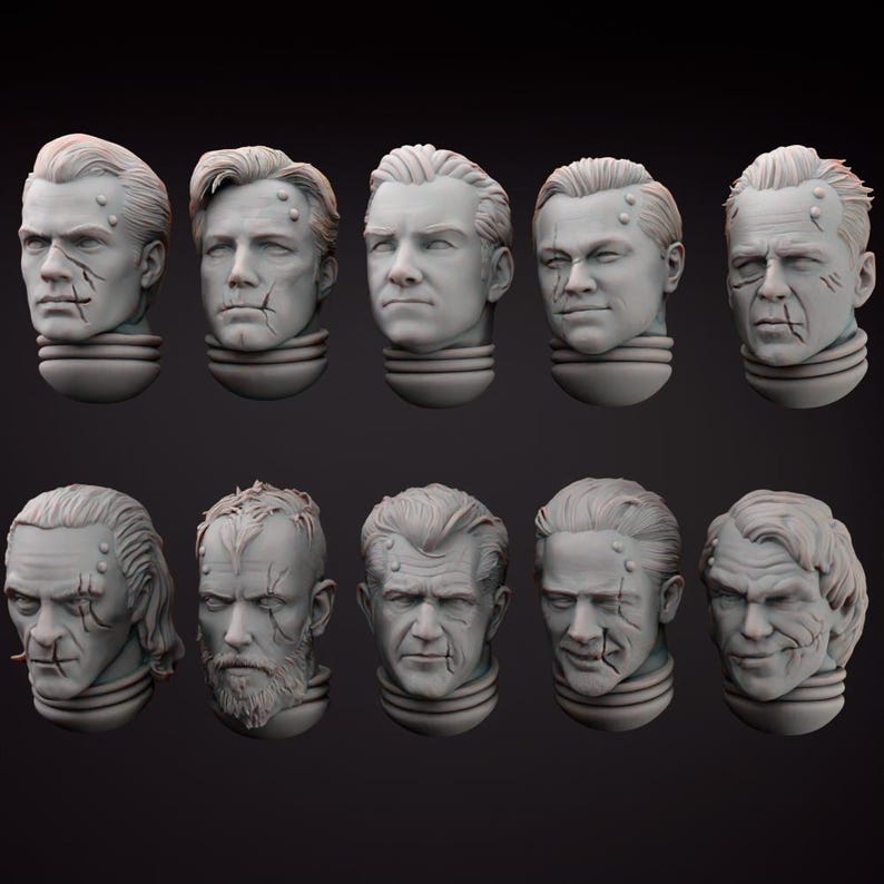May include: A selection of ten grey busts depicting male faces, each with distinct features and expressions. Some busts display scars or markings. The busts are mounted on a cylindrical base.