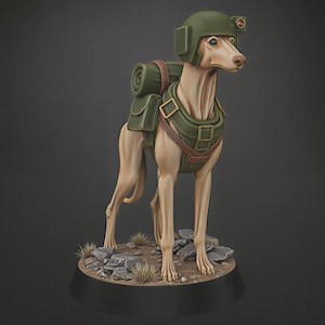 May include: A tan-colored dog figurine wearing a green military helmet, backpack, and harness. The dog stands on a base with rocks and grass. The dog's gear has brown straps and gold-colored buckles. The figurine is a unique decorative item.