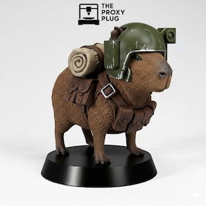 May include: A brown capybara figurine wearing a green helmet, brown leather pouches, and a rolled-up beige blanket. The figurine is standing on a black base. The text "THE PROXY PLUG" is in the upper right corner.
