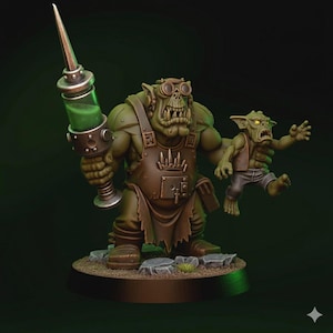 Peut inclure: Figurine miniature détaillée d'un orc vert tenant une grande seringue remplie de liquide vert, et un petit gobelin courant à côté. L'orc porte des lunettes et un tablier marron. Les figurines sont sur un socle avec des rochers.