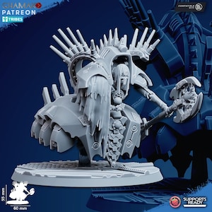 May include: A gray, detailed miniature figure of a warrior with a large axe. The figure has a helmet with spikes and a tattered cloak. The base is 60 mm wide and 55 mm tall.