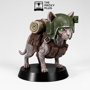 May include: A Sphynx cat figurine wearing a green helmet, brown backpack, and harness. The cat has green eyes and is standing on a black base. The Proxy Plug logo is in the top left corner.
