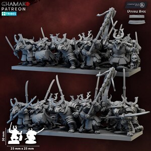 May include: A group of miniature samurai figures, each with swords and spears, and wearing detailed armour and helmets. The figures are grey and are mounted on a 25 mm x 25 mm base, with a height of 30 mm. The image includes the text "GHAMAK PATREON TRIBES".