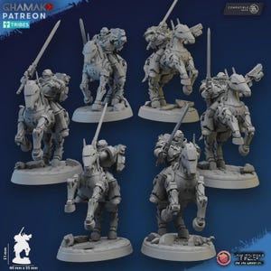 May include: A set of grey miniature figurines showing futuristic knights riding robotic horses. Each figure is armed with a sword and other weapons. The miniatures are displayed on individual circular bases.
