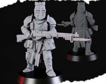 May include: A gray Crusader Rifleman miniature figure, holding a rifle with a bayonet. The figure is wearing armor and a helmet. The text "CRUSADER RIFLEMAN" is at the top. The base is 28mm/32mm. The Proxy Plug logo is at the bottom right.