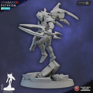 Peut inclure: Figurine gris clair d'un guerrier futuriste, posé de manière dynamique sur une base rocheuse. Le guerrier est vêtu d'une armure détaillée et tient une grande arme à lames. La base mesure 4 cm x 4 cm, et la figurine mesure 5,7 cm de haut.