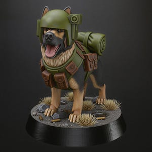 May include: A detailed figurine of a German Shepherd dog wearing a military helmet, vest, and backpack. The dog is posed on a rocky base with sparse grass and small rocks. The color palette includes shades of green, brown, and black.
