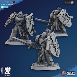 Op de afbeelding: Drie grijze miniatuurbeeldjes van gepantserde figuren, elk met een zwaard en schild. De figuren staan op een voetstuk en de schilden hebben gedetailleerde ontwerpen. De afbeelding bevat de tekst "CHAMAKO PATREON TRIBES" en "32 mm".