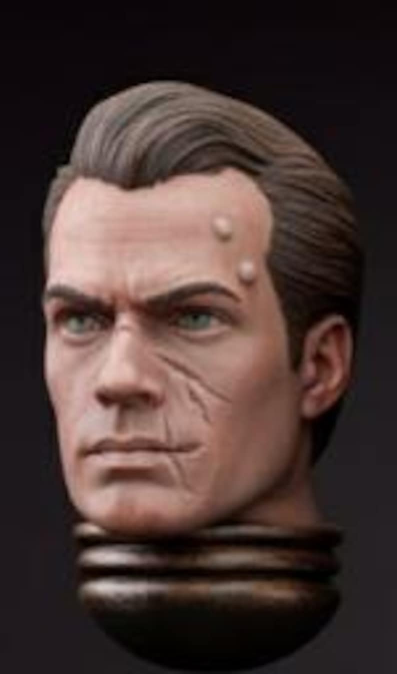 May include: A sculpted bust of a man's head, with short, dark brown hair and a serious expression. The face displays realistic skin tones, with scars and fine details. The eyes are a vivid green. The bust is presented against a dark backdrop.