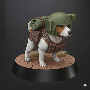 May include: A figurine of a Jack Russell Terrier dog wearing a green helmet, brown vest with pouches, and a rolled-up green bedroll. The dog stands on a cracked, tan surface atop a black base.