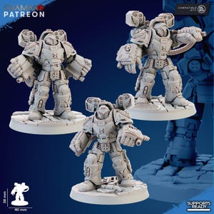 May include: Three grey miniature figurines of armoured figures, each standing on a circular base. The figures have detailed armour, weapons, and helmets. The image includes the text "CHAMAKO PATREON" and "SUPPORTS READY".