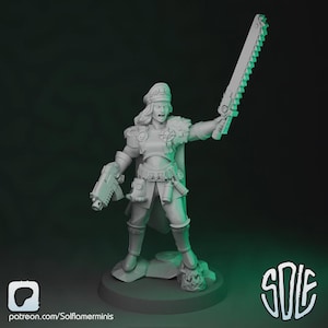 May include: A detailed miniature figure of a female warrior, holding a large chainsaw and a pistol. The figure is wearing a military-style uniform with a cape and a hat. The figure is standing on a rocky base. The figure is a light grey colour.