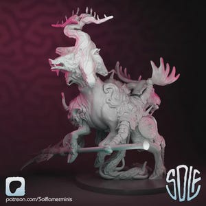 May include: A detailed, light-colored fantasy creature sculpture with multiple heads, antlers, and a staff. The sculpture has a complex design with intricate details, and is set against a dark background with a pinkish glow. The base has the text "SOLE".