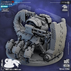 May include: A grey, unpainted resin miniature of a mechanical scorpion-like war machine with a large front shield, multiple articulated legs, and a curved tail. The model features integrated magnet sockets and measures 160 mm by 160 mm by 85 mm.