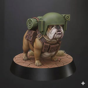 May include: A detailed figurine of a bulldog wearing a green military helmet and brown tactical gear. The bulldog stands on a cracked earth base, with a black base below. The dog has a neutral expression.
