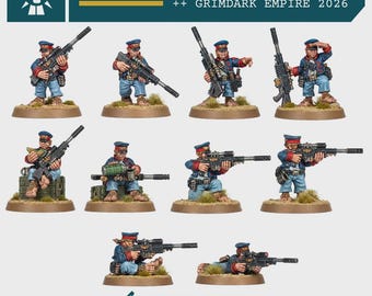 Könnte beinhalten: Ein Set aus zehn bemalten Miniaturfiguren mit der Aufschrift Tannenburg Halfling Sniper Squad, Grimdark Empire 2026. Die Figuren tragen blaue Uniformen mit roten Akzenten und blauen Mützen und halten jeweils ein Scharfschützengewehr. Einige stehen, sitzen auf Kisten oder liegen auf runden Sockeln.