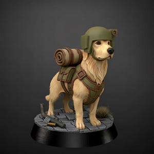 May include: A golden retriever figurine wearing a military-style helmet and backpack. The dog is posed on a cobblestone base with a dark background. The dog's gear is olive green and brown.