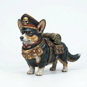 May include: A miniature figurine of a black, tan, and white corgi dressed in a military-style uniform. The dog wears a black peaked cap with a gold skull emblem, a metallic collar with a small skull detail, and a brown leather-like harness with a pack.