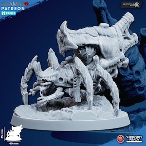 May include: A detailed, light gray miniature of a creature with a spider-like body and a large, textured head. The miniature is 40 mm wide and 35 mm tall, and is on a circular base. The miniature is labeled as "Supports Ready".