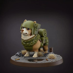 May include: A detailed figurine of a corgi dog in military gear, including a helmet and backpack, standing on a rocky base. The dog is tan and white with olive green armor. The base has small rocks, dry grass, and a small puddle.