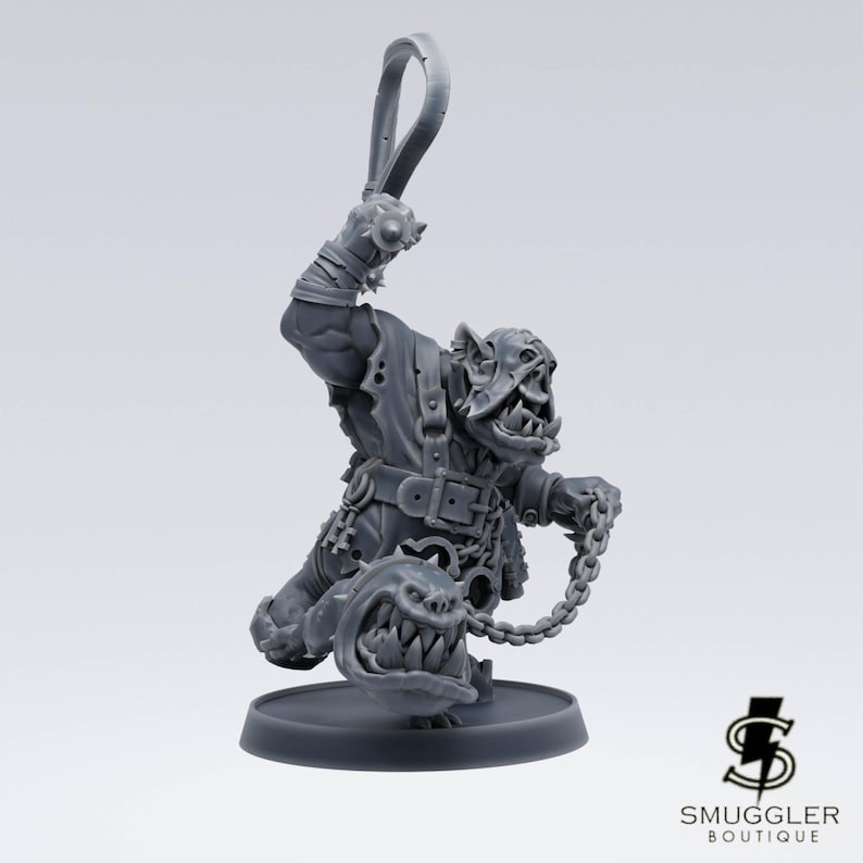 May include: A grey miniature orc figure, wielding a whip and a chained creature with sharp teeth. The orc is dressed in torn clothing and a belt. The figure is mounted on a circular base.