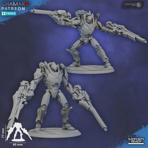 Puede incluir: Dos figuras de robots grises, cada una armada con grandes blásters. Los robots están de pie sobre plataformas circulares. La imagen incluye el texto "GHAMAK PATREON TRIBES" y "SUPPORTS READY". Las figuras miden aproximadamente 6 cm de ancho y 7,7 cm de alto.